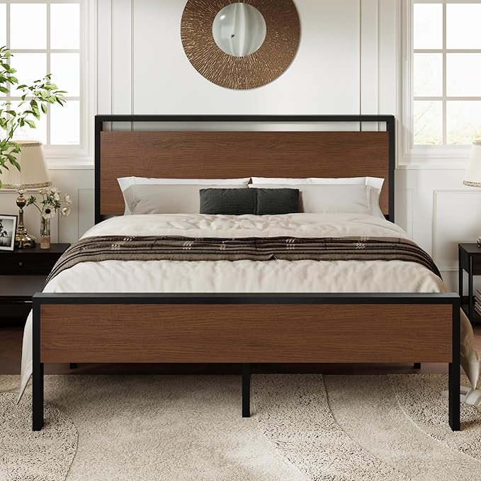 Allewie Queen Size Platform Bed Frame with Wooden Headboard and Footboard, Heavy Duty 12 Metal Slats Support, No Box Spring Needed, Under-Bed Storage, Noise Free, Easy Assembly, Walnut
