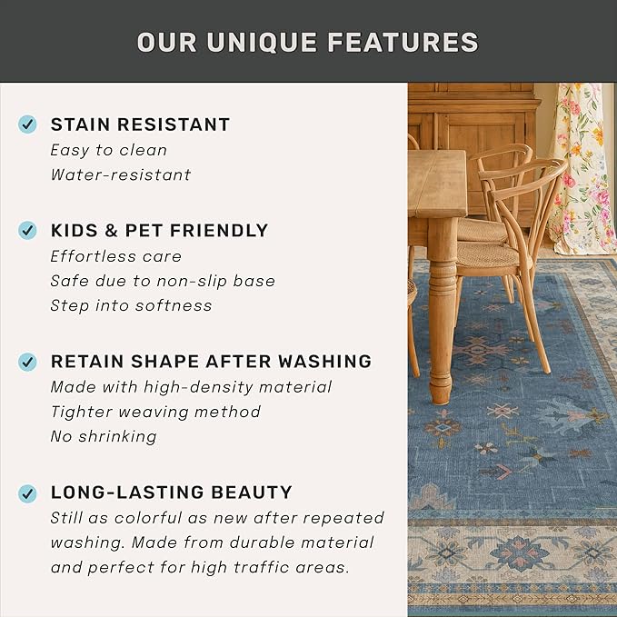 Washable 4x6 Small Rug for Living Room, Area Rug for Kitchen, Bedside, Large Entryway Indoor - Stain Resistant Non Slip with Rubber Backing, Unique Floral Aethestic Décor, Light Blue & Aqua