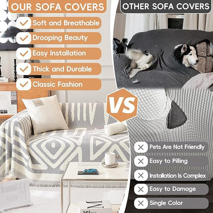 STACYPIK Boho Grey Sofa Cover Furniture Protector Couch Soft with Tassels for Kids Jacquard Triangle Couch Cover for Loveseat Cover Reversible Non Slip Sofa Cover Pets Dogs Friendly Home Decor-71X71IN