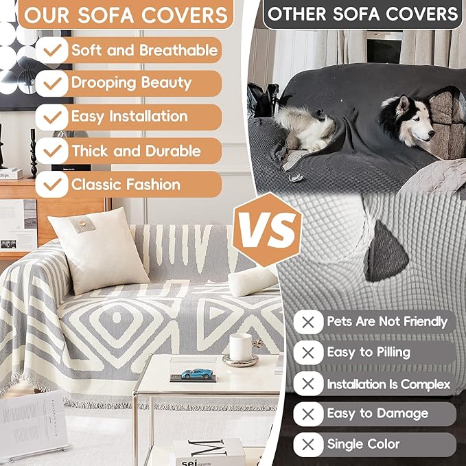 STACYPIK Dark Gray Couch Cover, Boho Chenille Sofa Covers Pet-Friendly, Reversible Non Slip Furniture Protector for 3 Cushion Couch, Modern Triangle Couch Cover for Loveseat,Multi-Use Blanket-71X134IN