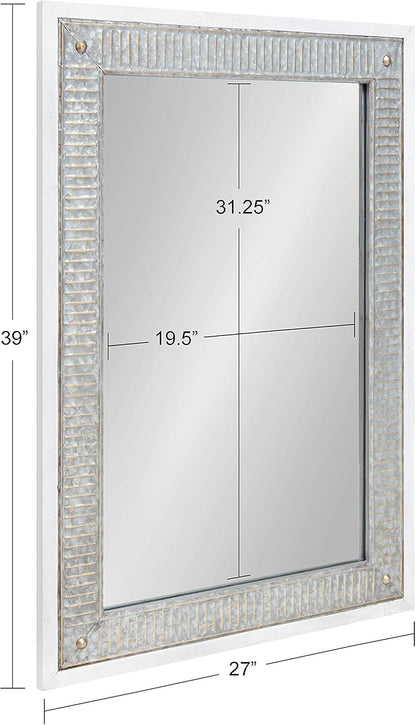 Kate and Laurel Deely Farmhouse Wall Mirror, 27 x 39, White and Silver, Rustic Wall Decor with Galvanized Metal Frame