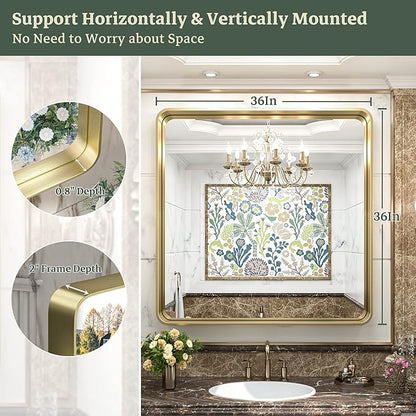 TokeShimi 36x36 Inch Gold Bathroom Vanity Mirror for Wall Rectangle Mirror with Non-Rusting Aluminum Alloy Brushed Matte Metal Frame for Modern Farmhouse Home Decor (Horizontal/Vertical)