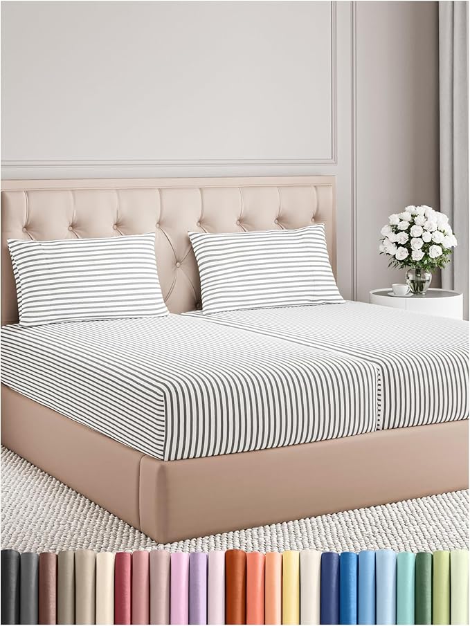 Split King Size 5 Piece Sheet Set - Comfy Breathable & Cooling Bed Sheets Set - Hotel Luxury Bedding for Women, Men, Kids, Teens, Boys & Girls - Deep Pockets & Wrinkle Free - Oeko-Tex - Grey Stripes 2