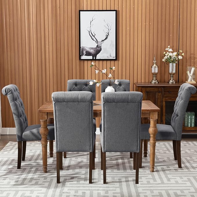 COLAMY Tufted Dining Chairs Set of 6, Parsons Dining Room Chairs Upholstered Fabric Diner Chair Stylish Kitchen Chairs with Solid Wood Legs and Padded Seat - Grey