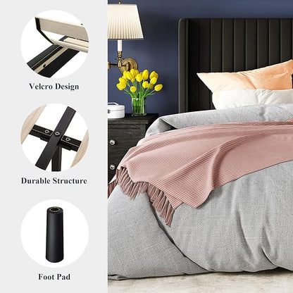Allewie King Size Velvet Bed Frame/Vertical Channel Tufted Wingback Headboard/Upholstered Platform Bed/Strong Wooden Slats/No Box Spring Needed/Easy Assembly/Black