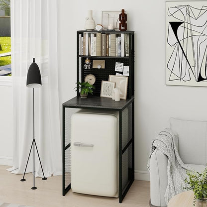Mini Fridge Stand Shelf with Storage, Bakers Rack Coffee Bar Table Microwave Oven Stand with Mini Fridge Space for Home Kitchen Dorm, Slate Grey