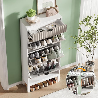 GarveeHome Shoe Cabinet with 3 Flip Doors & 1 Drawer, Entrance Wooden Shoe Rack with Iron Legs, Slim Shoe Storage Cabinet, Modern Fluted Shoe Organizer for Entryway Hallway, White+Grey