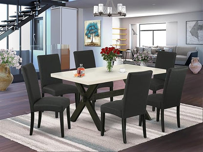 East West Furniture X626DR124-7 7 Piece Kitchen Table Set Consist of a Rectangle Dining Table with X-Legs and 6 Black Color Linen Fabric Parson Dining Chairs, 36x60 Inch, Multi-Color