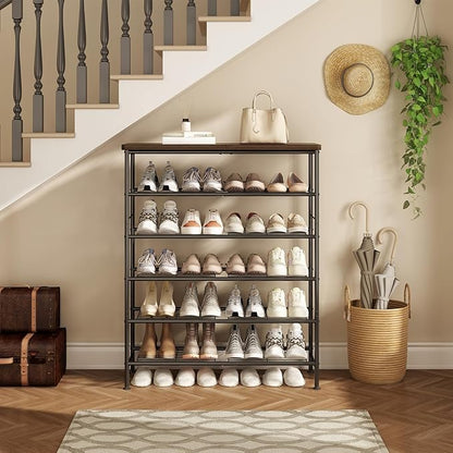 Shoe Rack Organizer 6 Tier for Closet Entryway Free Standing Metal Storage Shoe Shelf with MDF Top Board，Black