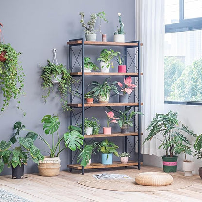 Bookshelf, 5 Tier Book Shelf, Industrial Tall Bookcase for Living Room, Home Office and Kitchen