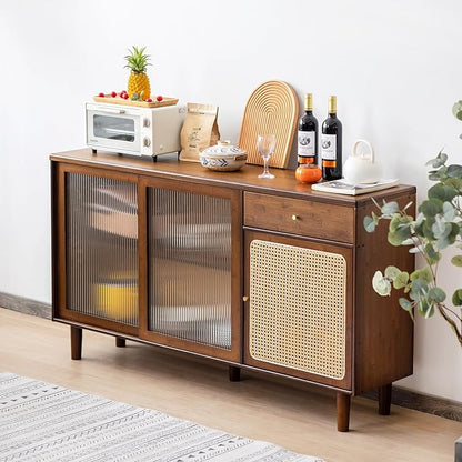 Tiita Bamboo Sideboard Buffet Cabinet, Rattan Kitchen Storage Cabinet with Drawer, Boho Coffee Bar Tables for Kitchen Hallway Office, Walnut