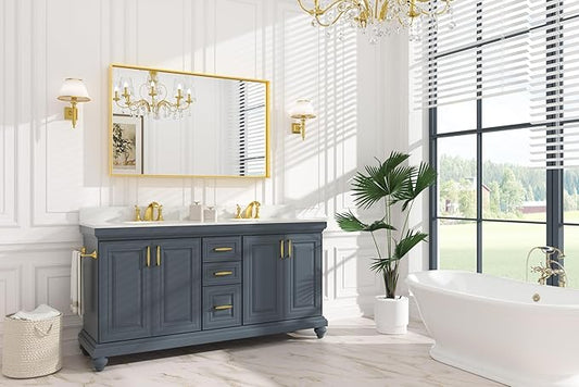 Keonjinn Gold Bathroom Mirror 48 x 30 Inch Gold Trimmed Bathroom Wall Mirror Large Brushed Metal Frame Mirror for Over Sink, Modern Farmhouse Vanity Rectangle Mirror(Horizontal/Vertical)