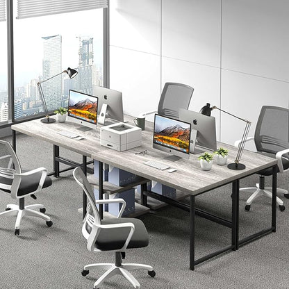 FOLUBAN Computer Desk, Modern Home Office Desk with Shelves, Wood Writing Study Gaming Table for Living Room Bedroom, Light Grey, 53 inch