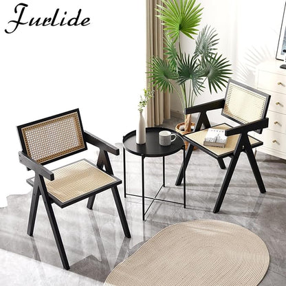 Rattan Dining Chairs Set of 2, Modern Mid Century Dining Chairs with Arms, Outdoor Bamboo Chairs for Bedroom, Living Room, Reading Room, Black