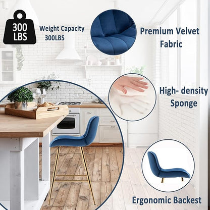 Sidanli Blue Bar Stools Set of 2, 24 Inch Velvet Counter Height Bar Stools with Footrests, Modern Bar Chairs for Home, Kitchen Island, Dining Room