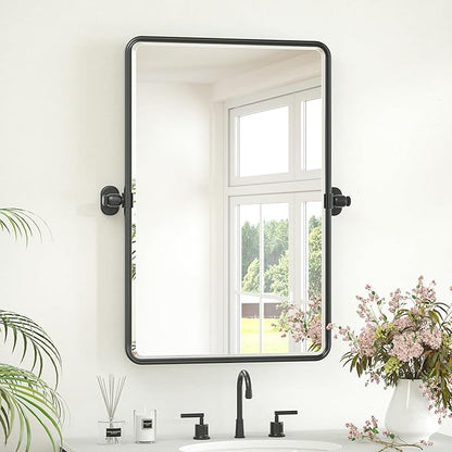 Keonjinn Black Pivot Mirror Bathrooms, 20x30 in Tilt Mirror Bathroom for Over Sink, Black Rounded Corner Farmhouse Pivot Rectangle Mirrors, Metal Framed Beveled Bathroom Mirrors (Horizontal/Vertical)