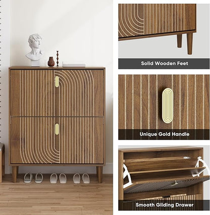 Smuxee Shoe Cabinet with 2 Flip Drawers, 31.5" Walnut Hidden Shoe Storage Cabinet with Line Groove Design, Freestanding Shoe Organizer Cabinet for Entryway, Hallway, Living Room