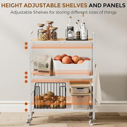 3-Tier Metal Storage Rack with Industrial Wheels,Mesh Shelving Unit with Wooden Table top,Adjustable Shelf,23.6-Inch Width,15.8-Inch Depth, for Kitchen, Laundry,Pantry,Plant,white