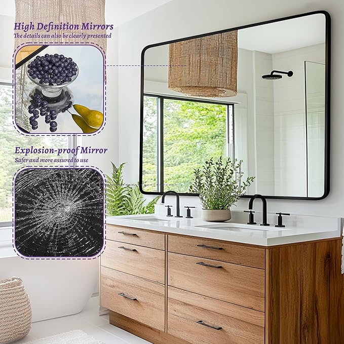 Bathroom Mirror, 48" x 30" Wall Mirror, Rectangular Aluminum Alloy Frame Contemporary Hanging Mirror for Living Room Bathroom Entryway, Black Rounded Corner