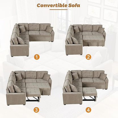 82" Convertible Sleeper Sofa with Pull-Out Bed,L-Shape Chaise Couch W/USB Ports & Power Sockets,Space Saving,Easy Assembly,Modern Corner Reversible Furniture Set for Living Room,Khaki Velvet