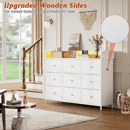 Nicehill 9 Drawer Dresser for Bedroom,Led Light White Dresser,TV Stand for Bedroom with Charging Station, Fabric Drawer Chests of Drawers for Hallway,Closet,Entryway