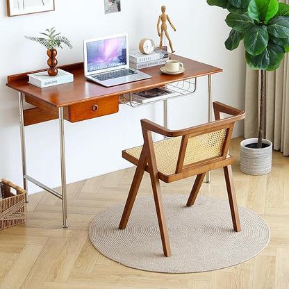 Rattan Dining Chair, Mid-Century Accent Armchair, Wicker Chair, Outdoor Bamboo Chair for Dining Room, Living Room, Bedroom, Kitchen, Walnut