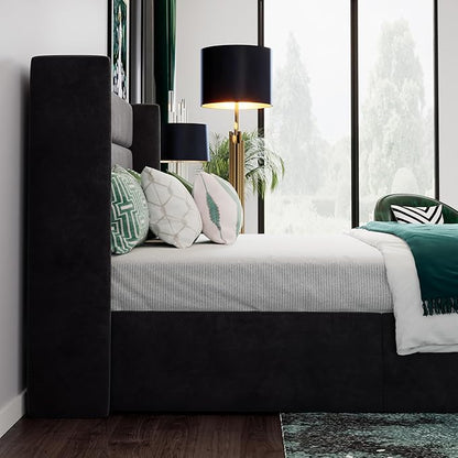 SHA CERLIN Queen Size Lift Up Storage Bed/Velvet Upholstered/Modern Wingback Headboard/Upholstered Platform Bed Frame/Hydraulic Storage/No Box Spring Needed/Black