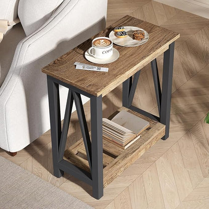 ChooChoo Farmhouse End Table, Narrow Side Table, Slim End Table with Storage Shelf for Small Spaces for Living Room, Bedroom Rustic Oak & Black
