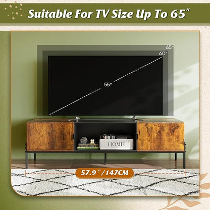 WLIVE Modern TV Stand for 65 Inch TV, Mid Century Entainment Center with Storage, TV Console with Open Shelf and 2 Cabinets for Bedroom and Living Room, TV Cabinet with Metal Legs, Rustic Brown