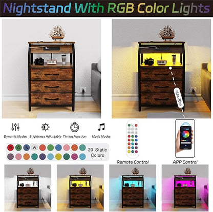 End Tables Set of 2, Nightstands with Charging Station and LED Lights, 3 Drawers Fabric Dresser, Storage Side Tables for Bedside, Living Room, Rustic Brown