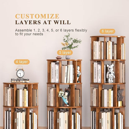 6 Tier Bookshelf Tower, 360° Solid Wood Spinning Bookcase with Swivel Wheels, Floor Standing Book Shelf for Small Space, Bookshelf for Home Office Study Room Bedroom Living Room