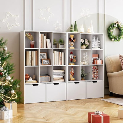 GarveeHome 55 Inches Tall Bookcase with 2 Drawers, Open Storage Bookshelf with 4 Tier Adjustable Shelves, Large Open Book Cabinet Standing for Home Office, White