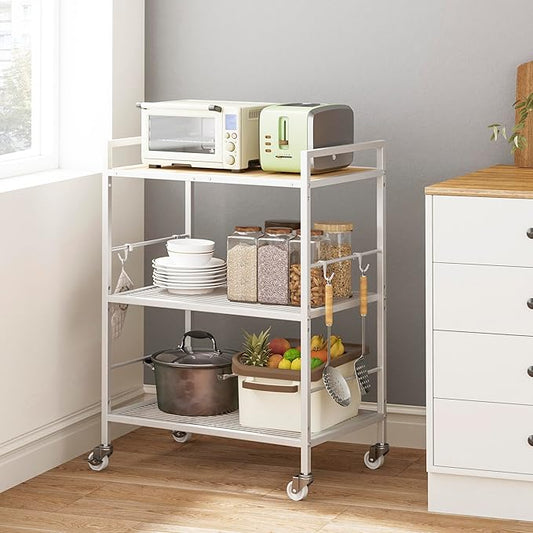 3-Tier Metal Storage Rack with Industrial Wheels,Mesh Shelving Unit with Wooden Table top,Adjustable Shelf,23.6-Inch Width,15.8-Inch Depth, for Kitchen, Laundry,Pantry,Plant,white