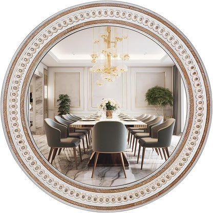 32'' Boho Wooden Large Round Wall Mirrors, Rustic Farmhouse Circle Mirrors Decorative Mirrors for Bathroom, Bedroom Over Sink, Living Room, Entryway