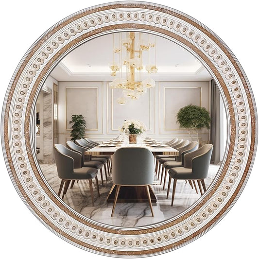 32'' Boho Wooden Large Round Wall Mirrors, Rustic Farmhouse Circle Mirrors Decorative Mirrors for Bathroom, Bedroom Over Sink, Living Room, Entryway