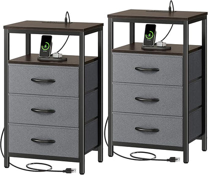 Huuger Nightstands Set of 2, 27.6 Inch End Tables with Charging Station, Fabric Drawers, Bedside Tables with USB Port and Outlet, Night Stands for Bedroom, Walnut