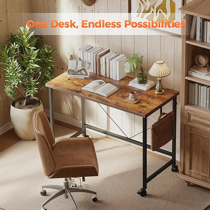 Rolling Computer Desk with Wheels, Gaming Desk for Small Spaces, Modern Simple Style Table for Home Office, Study Writing Table (Caster, Rustic Brown, 40 inch)