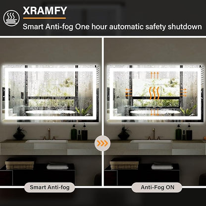 40"x 60"LED Bathroom Mirror, Backlit + Front Lit, LED Bathroom Mirror with Lights for Wall, 3 Colors, Anti-Fog, Dimmable Brightness, Memory Function, Tempered Glass