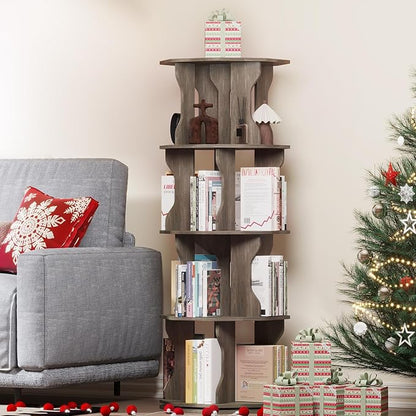 4 Tier Rotating Bookshelf, Spinning Bookshelf Tower Lazy Susan, Corner Revolving Storage Rack for Bedroom, Study Room, Kids Room, Living Room, Office, Gray
