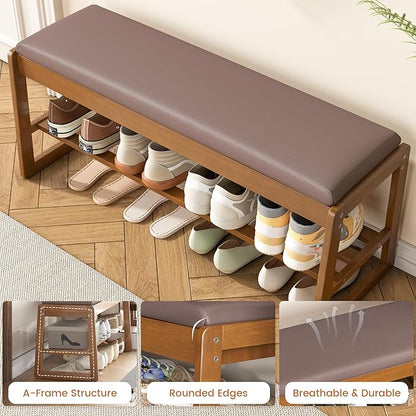 Shoe Storage Bench with Cushion - 2-Tier Shoe Rack Entryway Bench with Flip-Top Storage, Walnut Wooden Shoes Benches Organizer for Entryway, Hallway, Living Room, Bedroom, Closet(Walnut, 39.4" W)