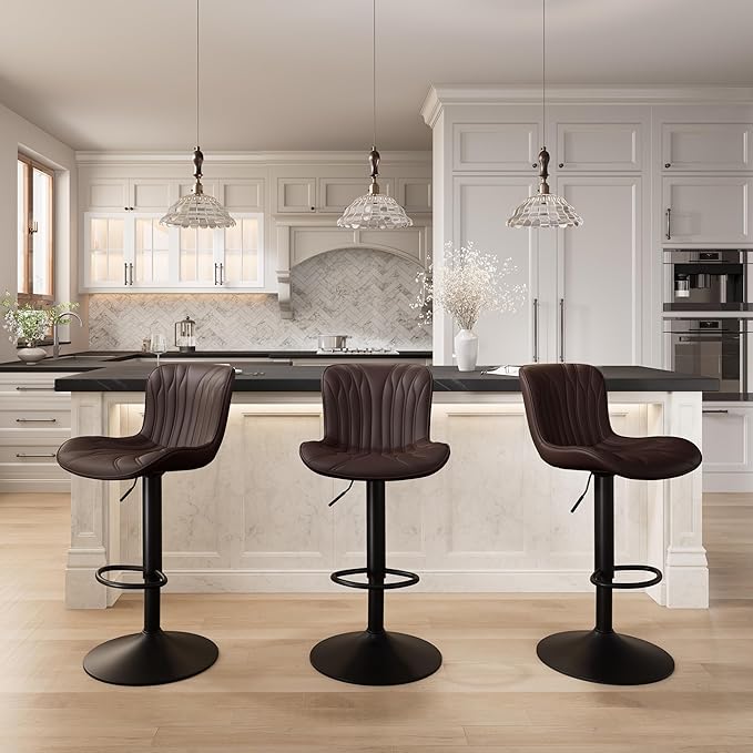 YOUNIKE Brown Bar Stools Set of 4 Modern Swivel Counter Height Bar Chair with Back Adjustable Kitchen Island Faux Leather Padded Barstools taburetes de bar Breakfast sillas para barra de cocina 4PCS
