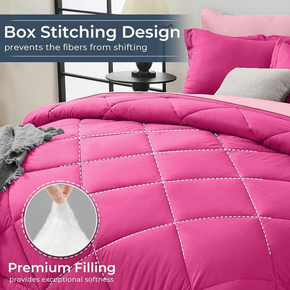 HEVUMYI Hot Pink & Baby Pink King Comforter Set - 7-Piece All Season Bed in a Bag King, Ultra Soft Bedding Set with Comforter, Flat Sheet, Fitted Sheet, Pillowcases, Pillow Shams