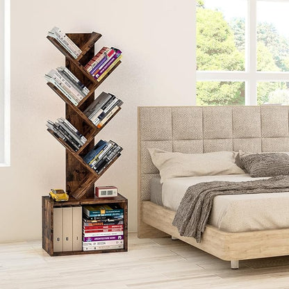 6 Tier Tree Bookshelf, Sturdy Retro Floor Standing Wood Bookcase, Storage Rack for Home Office, Living Room, Bedroom, Reading Spot, Heavy Book Organizer Shelves for CDs/DVDs/Movies