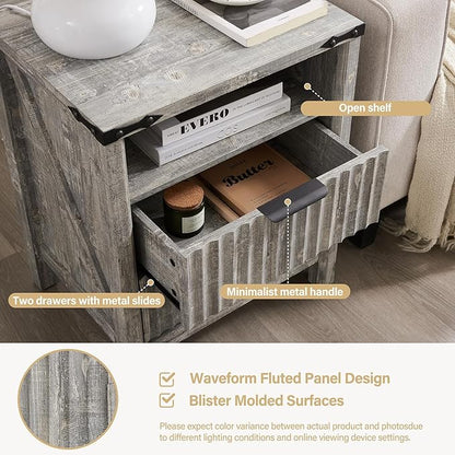 Grey Nightstand with Charging Station Set of 2-20 Inch Wide Farmhouse Fluted Bedside Table with 2 Drawers, Modern Wood End Side Table for Bedroom Study Storage Home