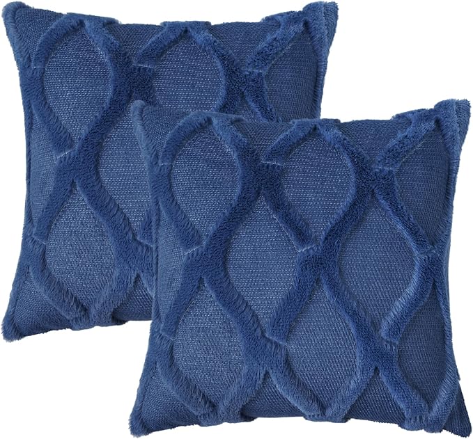 decorUhome Throw Pillow Covers 22x22 Inch Set of 2, Soft Plush Faux Fur Wool Dark Blue Couch Pillow Covers, Decorative Neutral Pillow Cases for Bed Sofa Living Room Home Decor