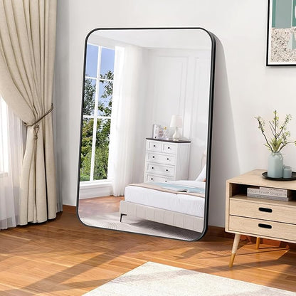 Bathroom Mirror, 55x36 inch Black Rectangle Wall Mirror, Metal Frame Rounded Corner Vanity Mirror, Large Wall Mounted Mirrors for Over Sink Bedroom Living Room Horizontal Or Vertical Mounting