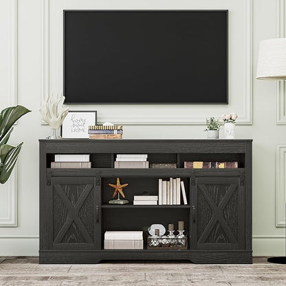 RoyalCraft Farmhouse TV Stand with Sliding Barn Door for TVs up to 65+ Inch, 34" Tall Entertainment Center, Wood Media Console Storage Cabinet for Bedroom, Living Room, Black