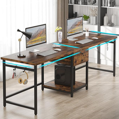 Tribesigns Two Person Desk, 79 Inch Double Desk with 2 Drawers, Large Computer Desk Long Desks with Storage Shelves, Writing Table Study Desk for Home Office, Rustic Brown (NY001)