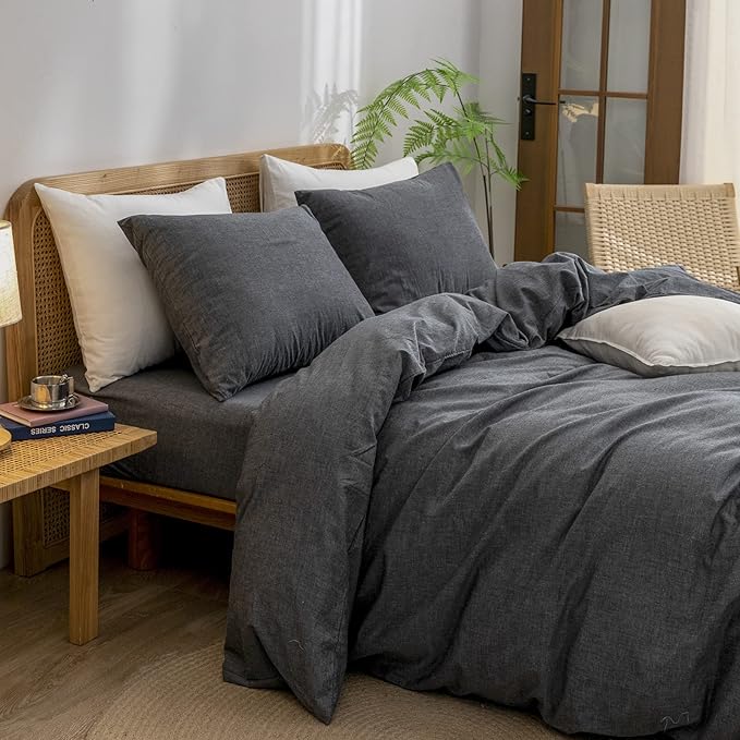 BESTOUCH Duvet Cover Set 100% Washed Cotton Linen Feel Super Soft Comfortable Chic Lightweight 3 PCs Home Bedding Set Solid Dark Black King