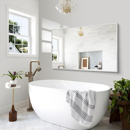 BONEWEI Silver Bathroom Mirror,55x36 inch Wall Mirror for Bathroom Wall Mounted,Large Rectangle Mirror for Bathroom Over Sink,Modern Metal Frame for Living Room,Bedroom Entryway,Horizontal/Vertical